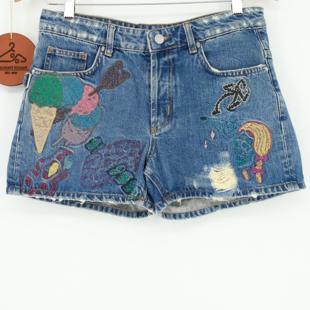 Zadig and Voltaire Embroidered Distress Button Fly Denim Shorts Waist 30” Artsy